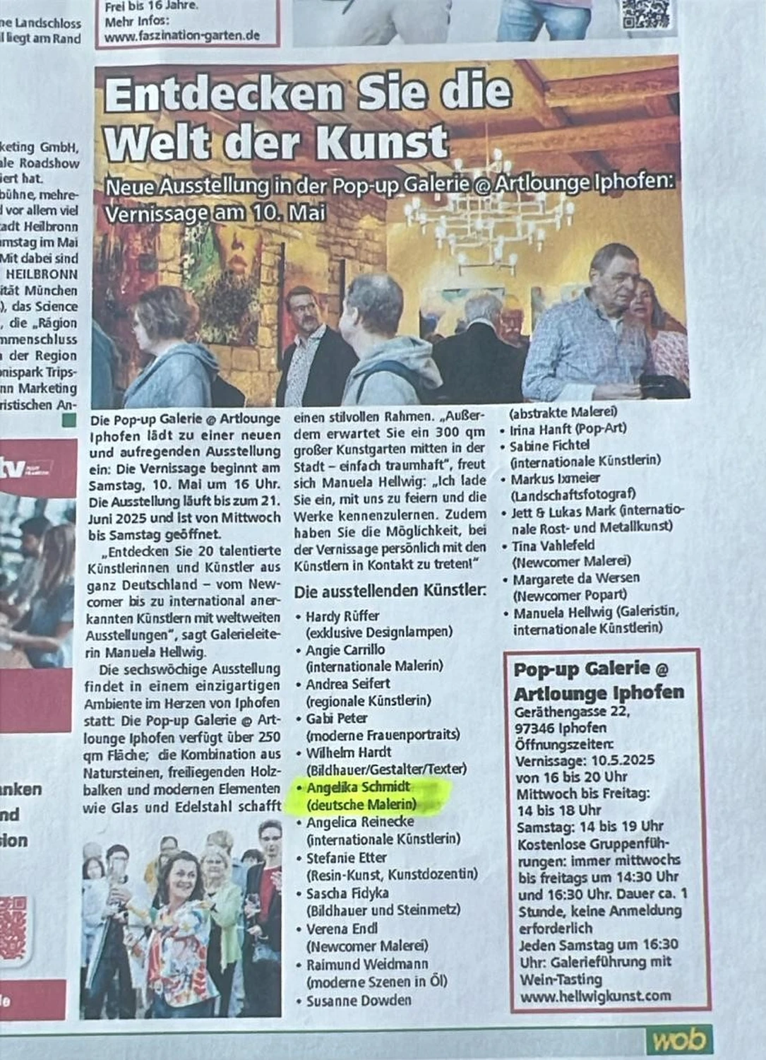 Atelier Angelika Schmidt - Presse/Publikationen, 2025, Welt der Kunst, Iphofen, Deutschland
