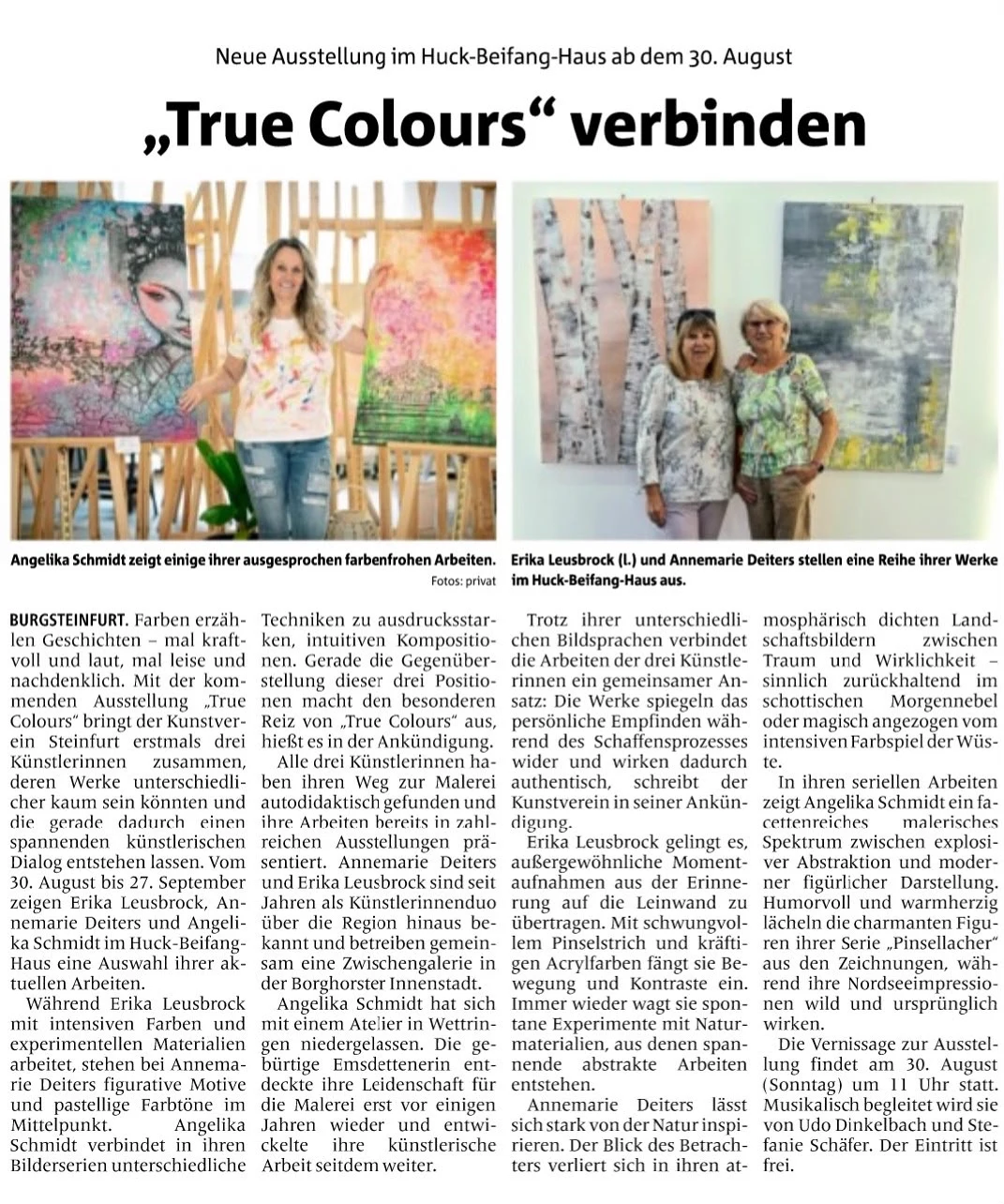 Atelier Angelika Schmidt - Presse/Publikationen, 2026, True Colours, Huck-Beifang-Haus, Steinfurt, Deutschland
