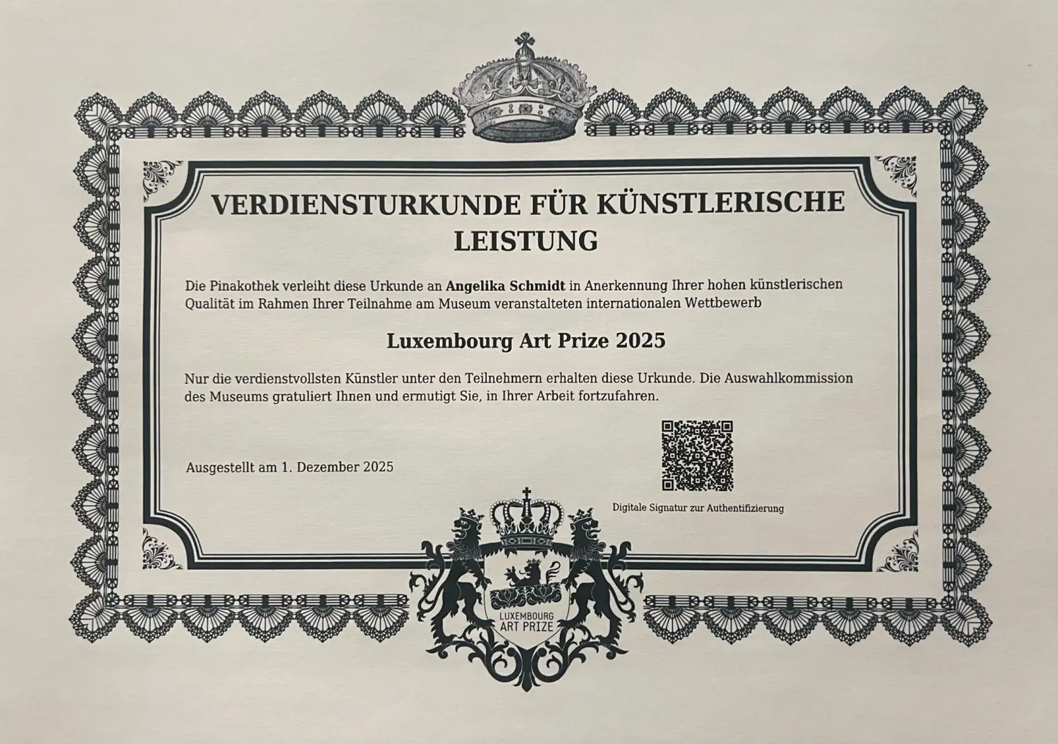Atelier Angelika Schmidt – Urkunde