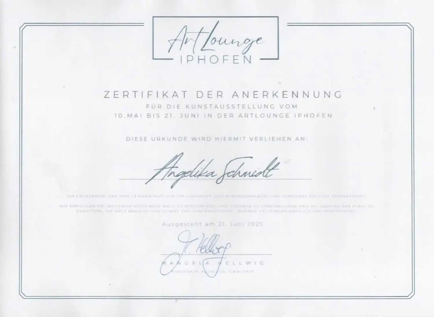 Atelier Angelika Schmidt – Urkunde